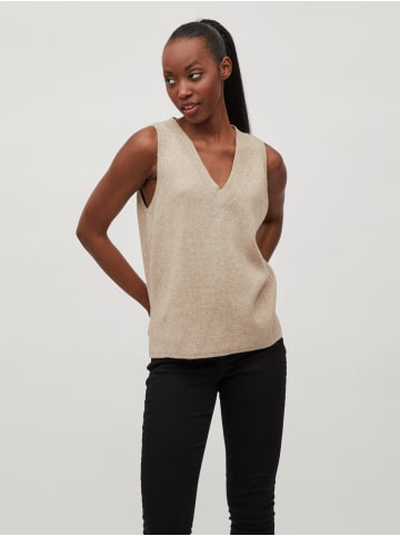 Vila Strick Pullunder Weste V-Ausschnitt Pullover ohne Ärmel VIRIL in Beige