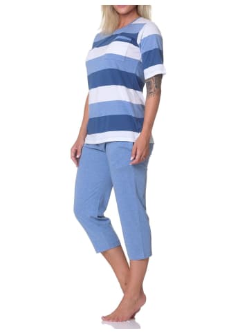 NORMANN Capri Schlafanzug kurzarm Blockstreifen in blau-mel.
