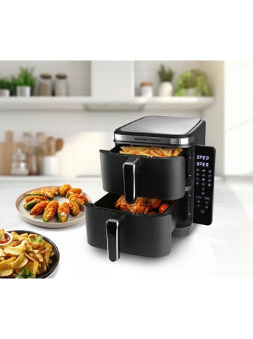 Gourmet Maxx Heißluft-Fritteuse Doppelkorb vertikal 2x 5l 2800W schwarz Schwarz