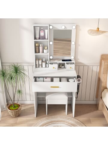 ABRIHOME Schminktisch in Weiß 60x38x131,5 cm mit LED Spiegel Steckdose Hocker