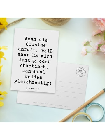 Mr. & Mrs. Panda Postkarte Spruch Cousine Abenteuer mit Spruch in Weiß