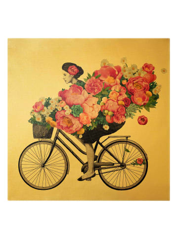 WALLART Leinwandbild Gold - Frau auf Fahrrad Collage Blumen in Rosa