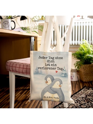 Mr. & Mrs. Panda Einkaufstasche Pinguine Kuscheln Design mit Spruch in Weiß