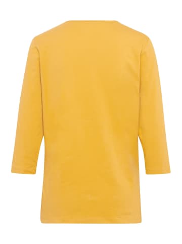 GOLDNER Kurzgröße:  T-Shirt mit charmantem Ausschnitt und Schmucksteinchen in safran