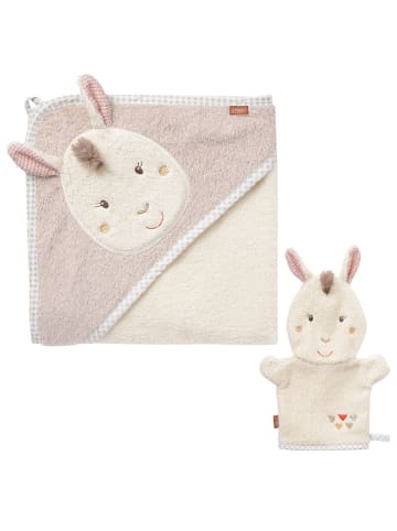 Fehn 2-tlg. Bade-Set - Kapuzenbadetuch & Waschhandschuh in beige,pink