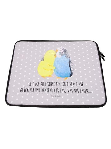 Mr. & Mrs. Panda Laptop Schutzhülle Wellensittich Liebe mit Spruch in Grau Pastell