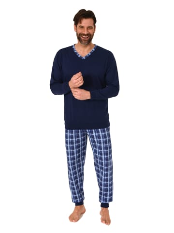 NORMANN Langarm Schlafanzug Bündchen und karierter Jersey Pyjamahose - 86151 in navy