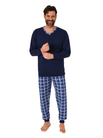 NORMANN Langarm Schlafanzug Bündchen und karierter Jersey Pyjamahose in navy