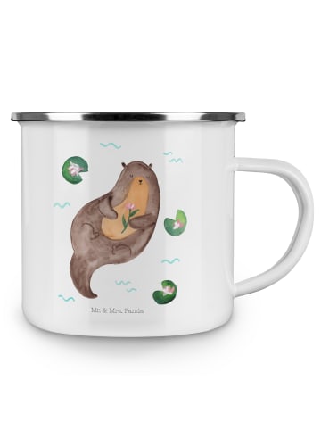 Mr. & Mrs. Panda Camping Emaille Tasse Otter Seerose ohne Spruch in Weiß