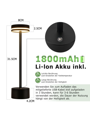 ZMH 2er-Set Tischleuchte LED in schwarz Akku Kabellos Touch Dimmbar H 31.5cm