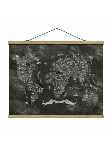 WALLART Stoffbild mit Posterleisten - Kreide Typografie Weltkarte in Schwarz-Weiß