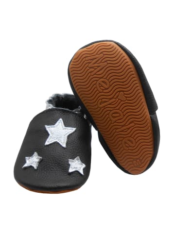 Mejale Schwarze Baby Leder Krabbelschuhe, mit rutschfester harter Sohle – Sternenmuster