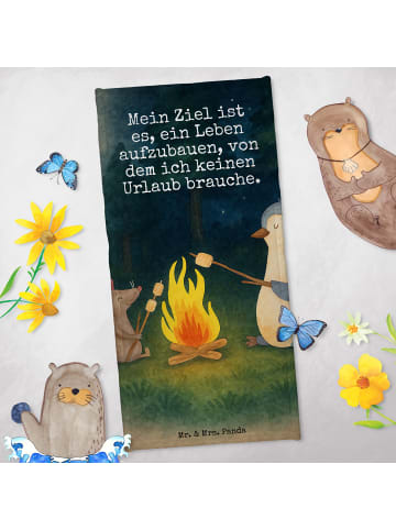 Mr. & Mrs. Panda Strandtuch Pinguin Lagerfeuer Design mit Spruch in Eisblau