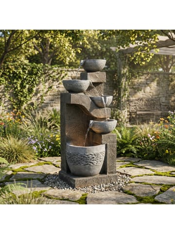 ABRIHOME Gartenbrunnen in Grau mit LED Pumpe Kunststein für Garten Terrasse