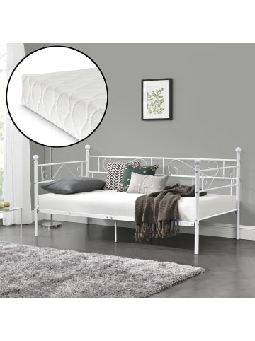 en.casa Metallbett Granada mit Matratze in Weiß (L)200cm (B)90cm (H)100cm