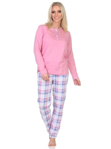 NORMANN Schlafanzug langarm Pyjama karierter Hose Jersey - 84745 in rosa