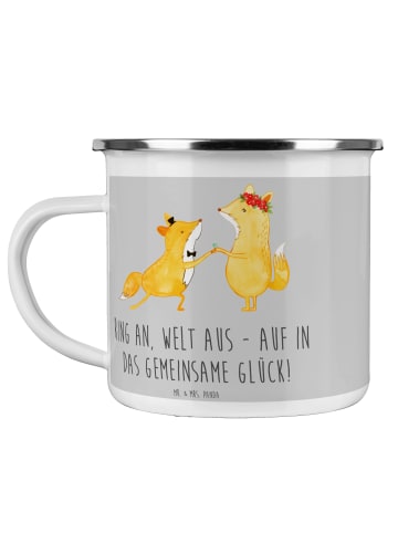 Mr. & Mrs. Panda Camping Emaille Tasse Verlobung Glück mit Spruch in Heather Grey