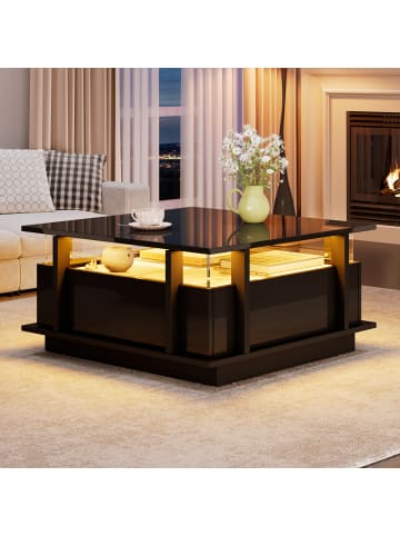 ABRIHOME Couchtisch in Schwarz Hochglanz mit LED 2 Schubladen Acryl Trennwand