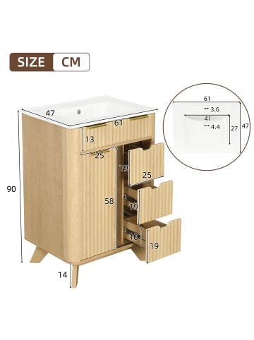 ABRIHOME Waschbeckenunterschrank in Holzton 61 cm mit Wellenoptik 3 Schubladen