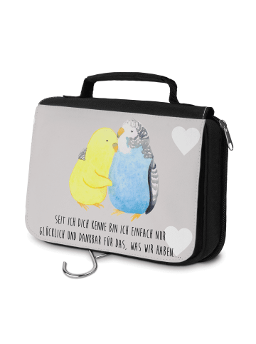 Mr. & Mrs. Panda Kulturtasche Wellensittich Liebe mit Spruch in Grau Pastell