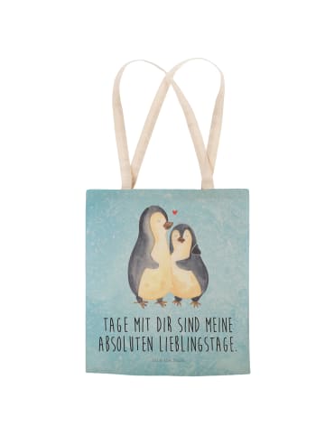 Mr. & Mrs. Panda Einkaufstasche Pinguin umarmen mit Spruch in Eisblau
