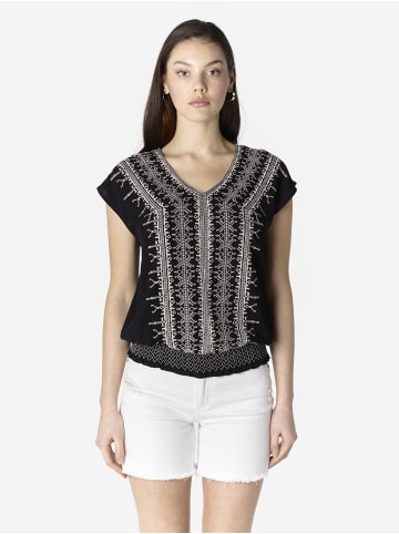 KOROSHI Verzierte kurzärmelige Damenbluse in Schwarz