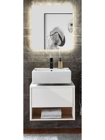 Furn.Design Badmöbel-Set 2-teilig weiß Hochglanz, Eiche mit LED Beleuchtung 60 cm