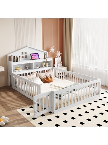 ABRIHOME Kinderbett in Weiß 140x200 cm mit Lattenrost Schutzgitter Tür und Stauraum