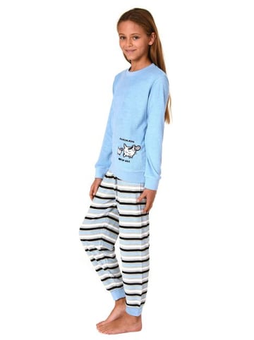 NORMANN Schlafanzug Frottee Pyjama Bündchen und Streifen in blau