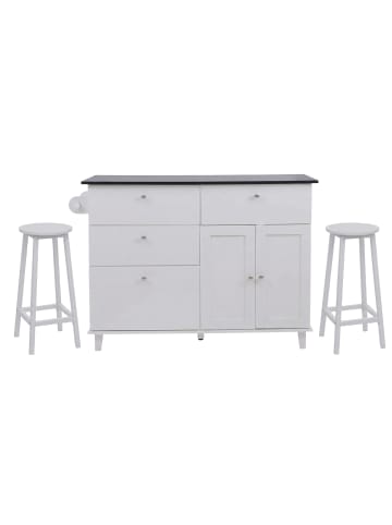 MCW Kücheninsel MCW-P62 mit 2 Hockern, Weiß, Marmor-Optik schwarz