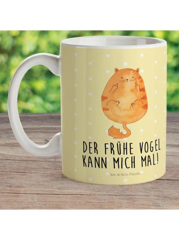 Mr. & Mrs. Panda Kindertasse Katze Frühaufsteher mit Spruch in Gelb Pastell