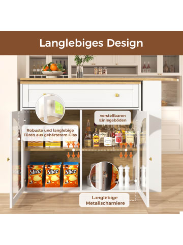 ABRIHOME Ausziehbarer Bartisch mit Stauraum in Weiß - Sideboardschrank mit Glas