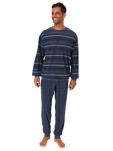 NORMANN Frottee Schlafanzug langarm Bündchen Streifen - 75507 in blau