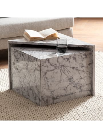 KADIMA DESIGN Couchtisch 2er Set MONOBLOC Hochglanz Sofatisch mit Marmor in Weiß