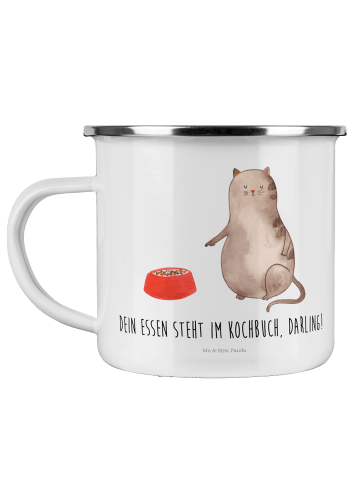 Mr. & Mrs. Panda Camping Emaille Tasse Katze Fressen mit Spruch in Weiß