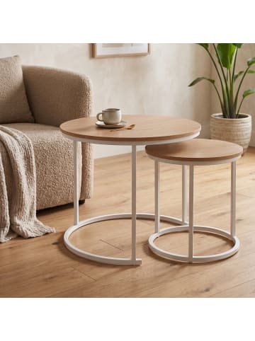 SCENA LIVING Set aus 2 runden Couchtischen in Weiß und Braun, Ø 60 cm