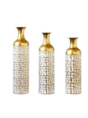 ABRIHOME Deko Vasen in Gold Weiß 3er Set mit Blumenmuster 50/66/85 cm Metall