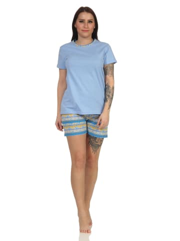 NORMANN kurzarm Schlafanzug Shorty Pyjama kurzer Hose Ethnolook in hellblau