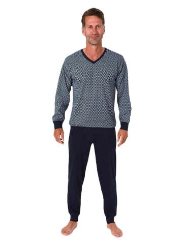 NORMANN Langarm Schlafanzug Pyjama Bündchen V-Hals in blau