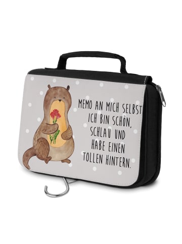Mr. & Mrs. Panda Waschtasche Otter Blumenstrauß mit Spruch in Grau Pastell
