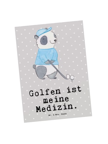 Mr. & Mrs. Panda Postkarte Panda Golfen mit Spruch in Grau Pastell