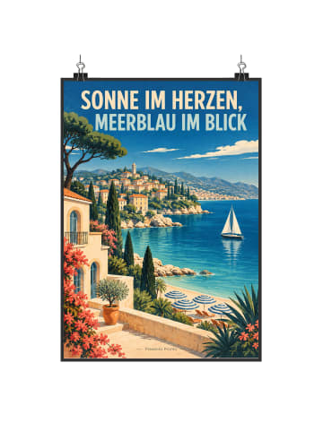 Wandbild Bucht mediterran Design mit Spruch in Weiß