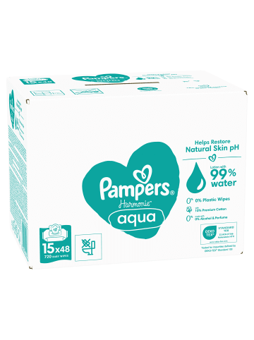 Pampers Feuchttücher, "Harmonie Aqua Baby", 15 Packungen = 720 Feuchttücher