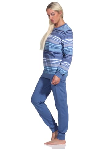 NORMANN Schlafanzug langarm Pyjama Streifen Bündchen in blau-melange