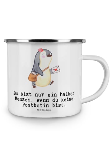 Mr. & Mrs. Panda Camping Tassen Emaille Postbotin Herz mit Spruch in Weiß