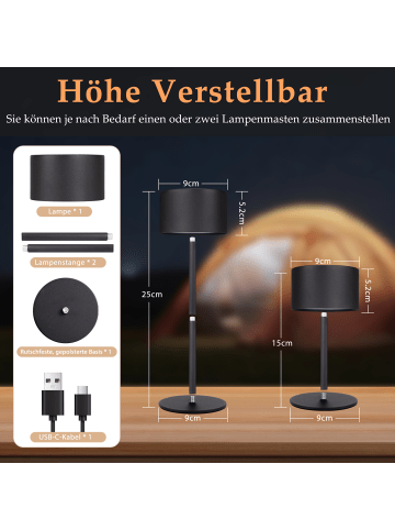 ZMH 2er-Set Tischleuchte LED in schwarz rund Touch Dimmbar Tragbare Kabellos