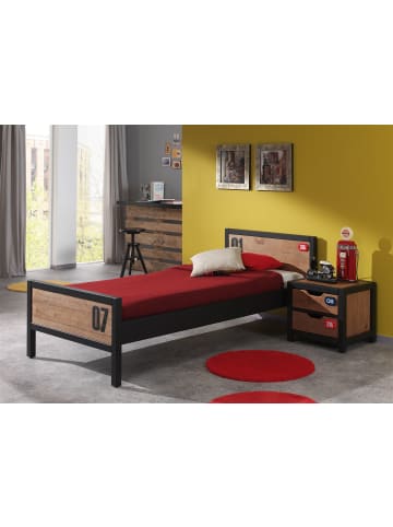 58 aufm Kessel BETT mit Nachtkommode Kameko aus MDF+Massivholz Schwarz/Cognac