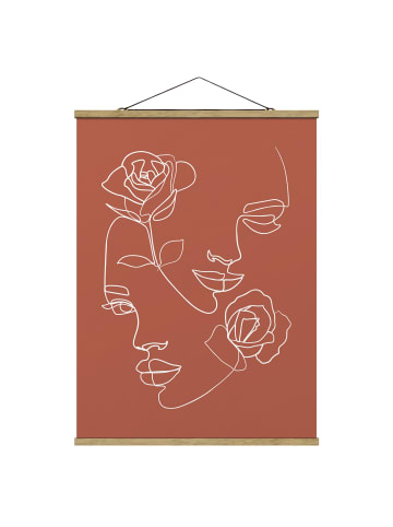 WALLART Stoffbild - Line Art Gesichter Frauen Rosen Kupfer in Rot