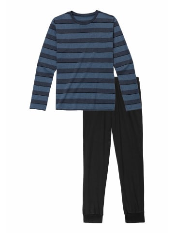 H.I.S Pyjama in blau-meliert-gestreift, schwarz