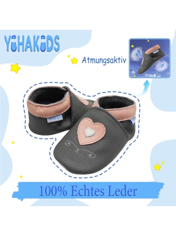 Yihakids YIHAKIDS Baby Leder Lauflernschuhe Weiche Lederpuschen Rutschfest"Liebe" in Grau